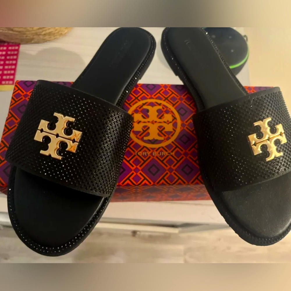 Tory Burch Black Slides with Gold Emblem